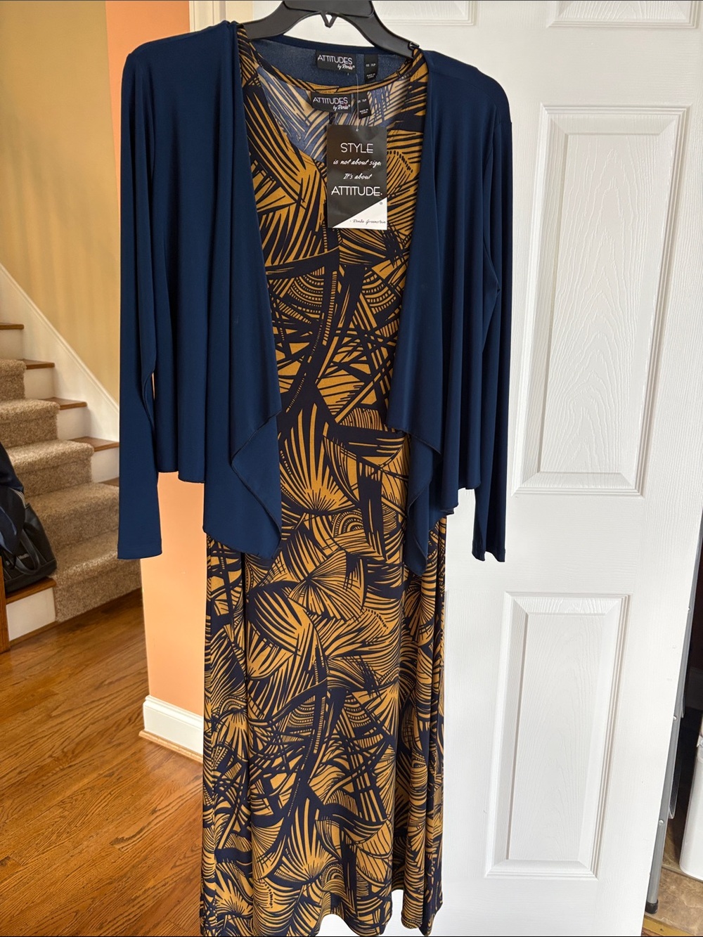 Attitudes by Renee Navy and Mustard Printed Maxi Dress with Navy Cardigan